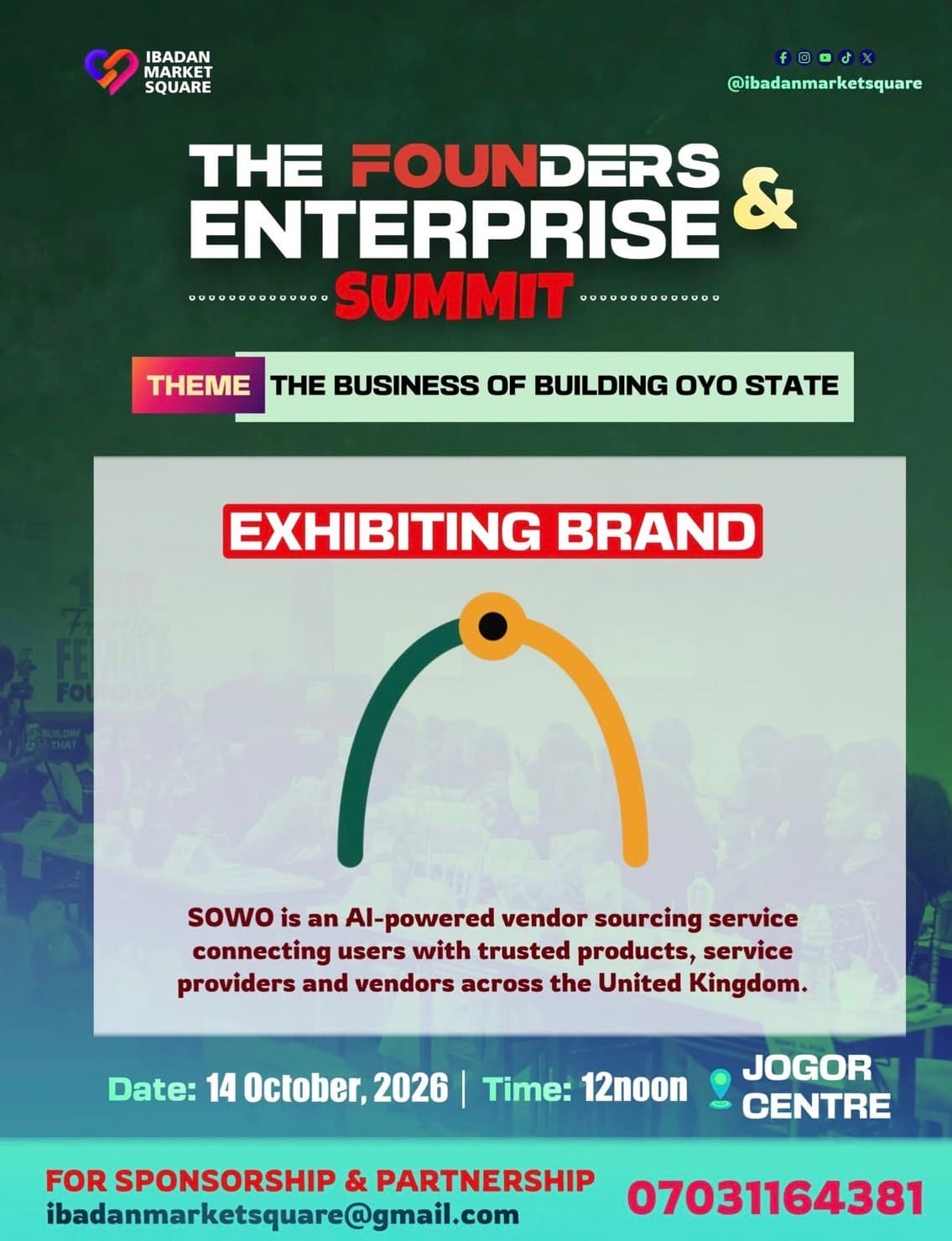 Founders & Enterprise Summit 2026 poster listing SOWO as an exhibiting brand, 14 October 2026 at Jogor Centre, Ibadan, Nigeria